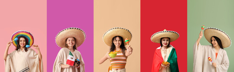 Set of Mexican women on color background