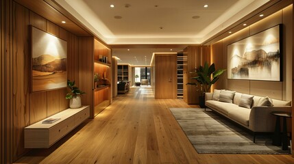 Elegant simplicity with natural wood textures and warm lighting in a modern home.