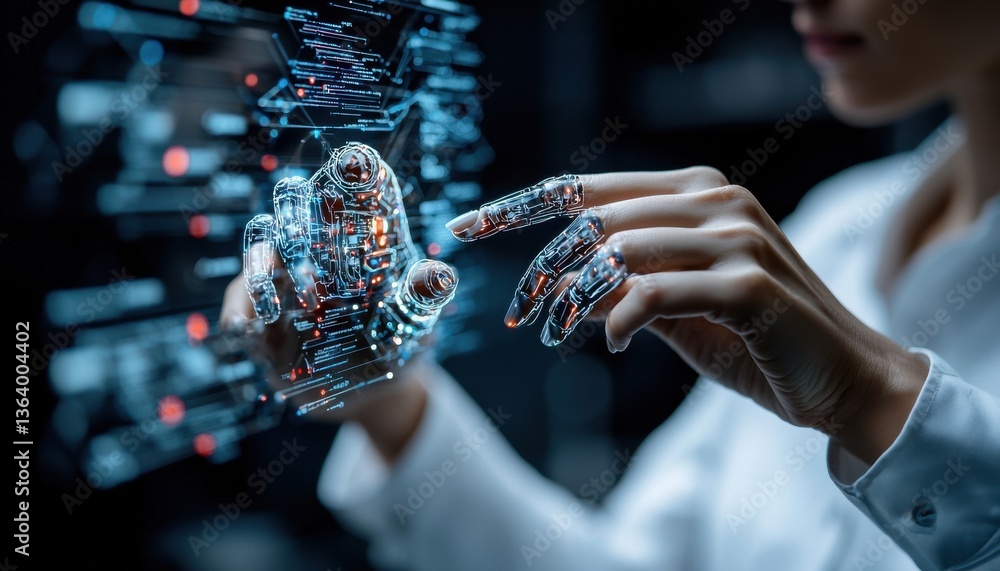 Poster A woman is using a computer to manipulate a digital image of a hand