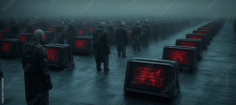 Poster many figures in uniform stand before red glowing computer screens