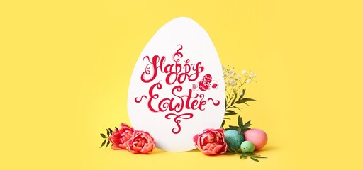 Easter greeting card, eggs and flowers on yellow background