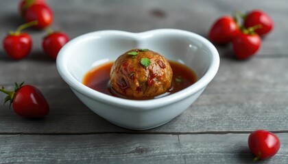 A savory meatball in sauce garnished with herbs, surrounded by cherry tomatoes.