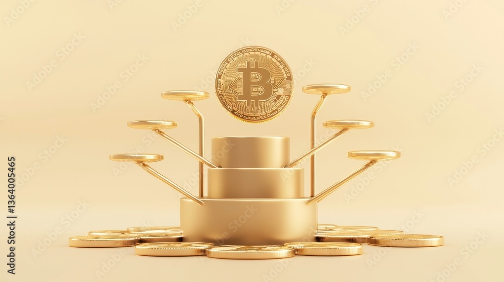 Poster glowing golden bitcoin symbol and stacked coins on shiny metallic background signifying cryptocurren