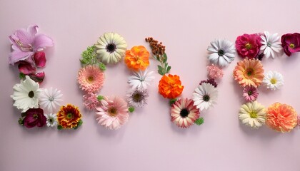A silhouette of the word "LOVE" made from flowers; pink background
