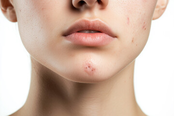 Sad young girl with acne problem on her face. Generative Ai.	
