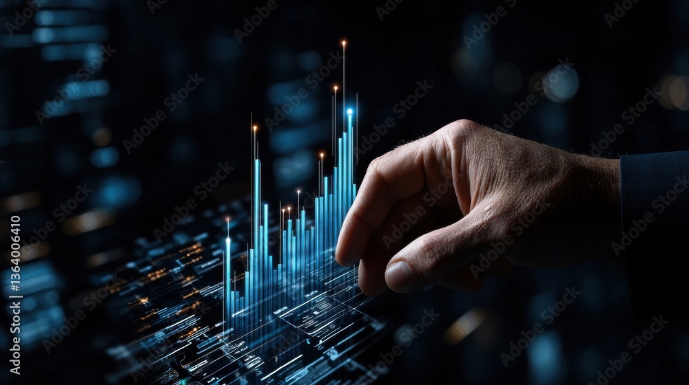 Poster A hand is pointing at a graph on a computer screen