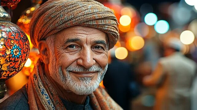 Smiling Elderly Man in Turban at Night Market