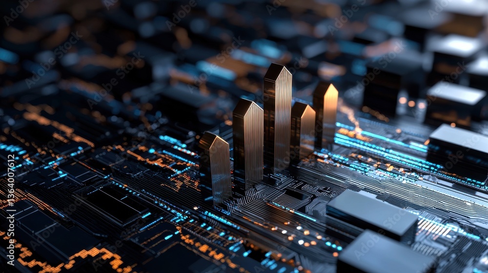 Poster A computer chip with a cityscape on it