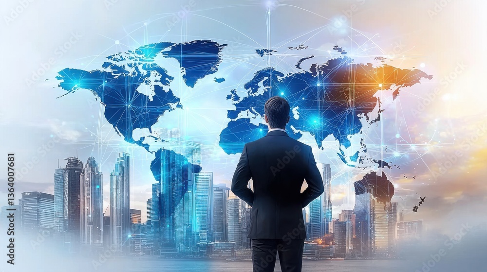 Poster panoramic view of a dynamic and thriving urban center with towering skyscrapers and a global map ove