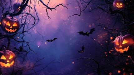 Spooky Halloween Scene with Pumpkins, Bats, and Dark Atmosphere