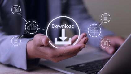 Digital File Download and Data Transfer Technology. Person interacting with digital interface to download files, symbolizes modern data transfer, file management, technology-driven business operations