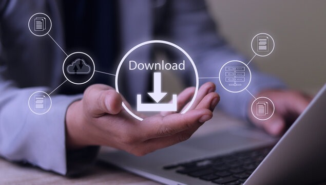 Digital File Download and Data Transfer Technology. Person interacting with digital interface to download files, symbolizes modern data transfer, file management, technology-driven business operations - Powered by Adobe
