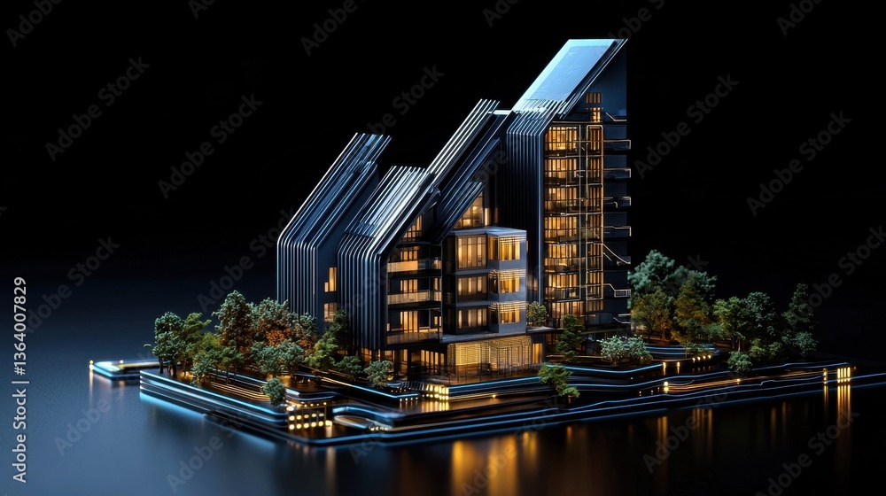 Poster a futuristic building with a lot of windows and a green tree in front of it