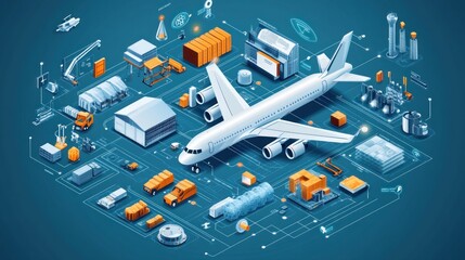 Isometric illustration of an aircraft with logistics network and connected systems