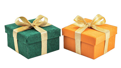 two beautifully wrapped gift boxes one green and one orange both