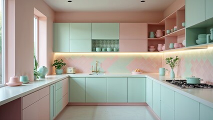 Fototapeta premium Colorful Kitchen Makeover with Pastel Cabinets and Stylish Backsplash