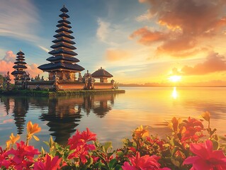 Obraz premium A beautiful multi tiered temple sits peacefully beside a serene lake