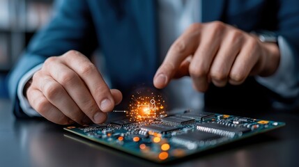 Closeup of a glowing electronic circuit board with sparking and exploding electronic components representing modern technology innovation and electrical engineering