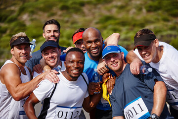 Sports group, men and happy runner for marathon, cardio challenge and ready for race competition. Fitness portrait, people or diversity athletes with smile for running contest and endurance training