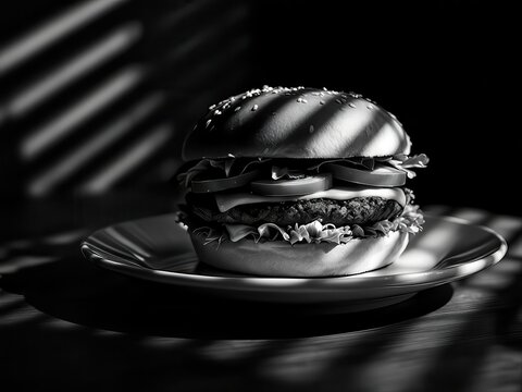 Fototapeta A captivating black and white photograph of a delicious cheeseburger featuring a perfectly grilled beef patty, melted cheese, crisp lettuce, and a shiny sesame seed bun. The interplay of light and sha