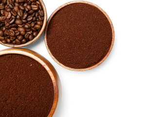 Bowls of coffee powder and beans isolated on white background
