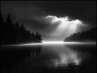 Fototapeta premium A stunning black and white photograph capturing a serene mountain lake surrounded by towering trees and majestic mountains. The mist around the water and the dramatic sky create a mystical atmosphere,