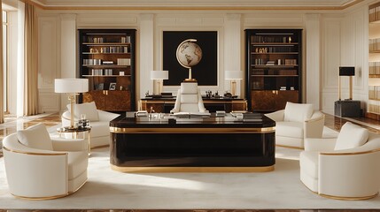 Luxurious office interior with large desk, armchairs, and bookshelves.