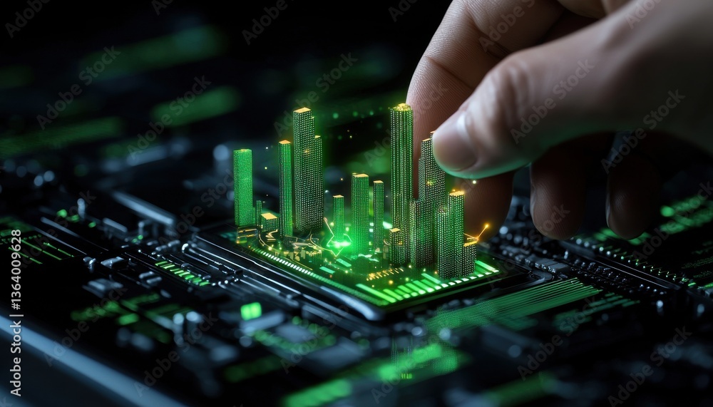 Poster a hand is touching a green computer chip