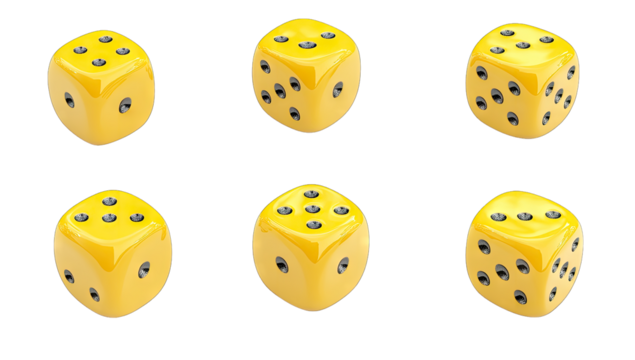 six yellow dice each showing different numbers of dots on their