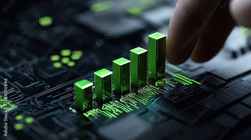 Poster A hand is pointing at a green bar graph on a black background