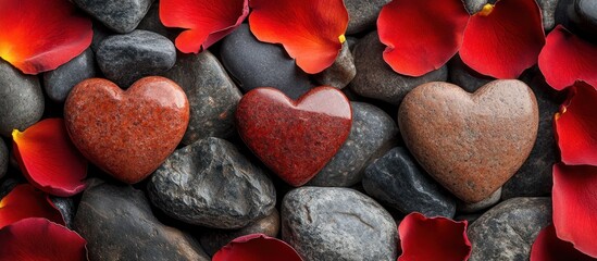 Obraz premium Stone hearts, rose petals, rocks; Valentine's