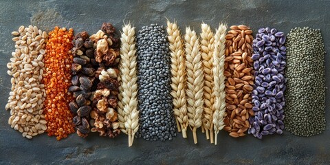 An assortment of various grains, seeds, and nuts arranged in a row
