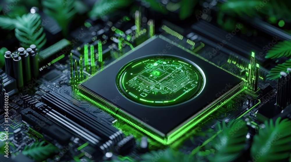 Aufkleber a green computer chip with a green leaf on it
