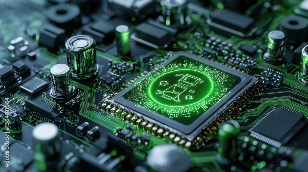 Poster a computer chip with a green screen that says 