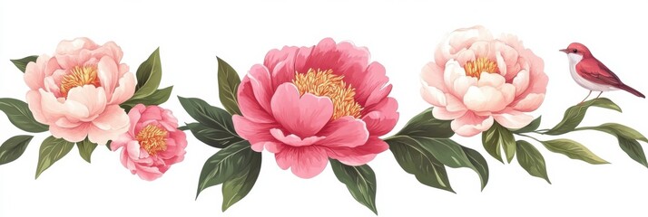 Fototapeta premium Floral vector illustration featuring pink peonies and a bird for elegant wedding invitations or greeting cards