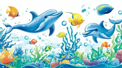 Obraz premium Colorful Underwater Scene with Dolphins and Tropical Fish