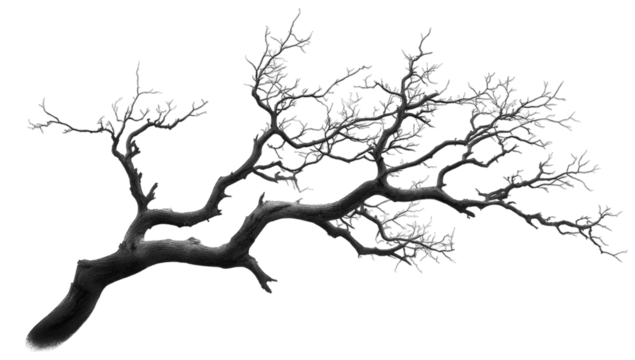 a stark black silhouette of a bare tree branch against a white b