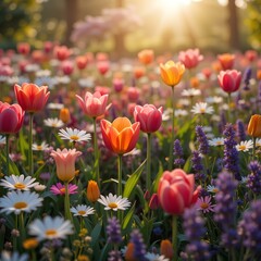 Obraz premium colorful spring garden, blooming paradise, tulips and cherry blossoms, golden sunlight, warm breeze, butterflies fluttering, dreamy atmosphere, lush greenery, soft petals falling, whimsical beauty