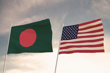 Relations between the countries of the United States of America USA and BANGLADESH represented by the concept of two flags waving against a cloudy sky.3d render.