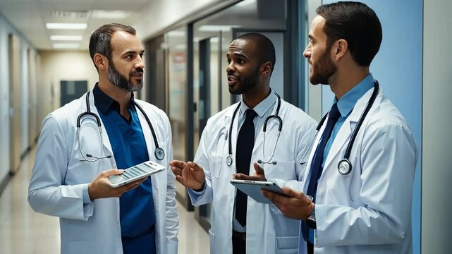 Group of Diverse Doctors Collaborating in Hospital Corridor Generative AI