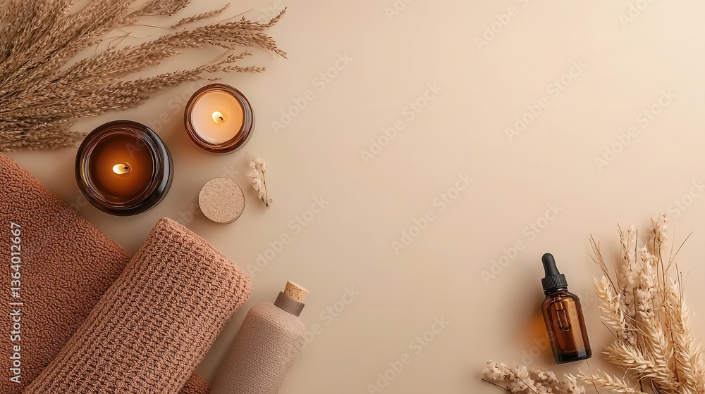 Poster serene candle lighting in a minimalist home setting with soft natural textures and warm tones creati