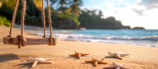 A wooden swing with starfish on a sandy beach setting