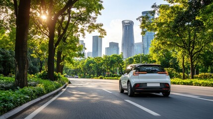 Futuristic urban landscape featuring a modern skyline of towering skyscrapers lush green parks and a busy road with flowing traffic