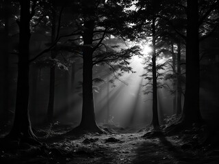A breathtaking black and white photograph of a dense forest, where tall trees create a dramatic interplay of light and shadow. 