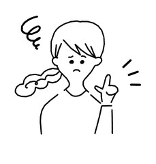 ラフな手書き風の困った表情で問題を指差しをする女性のイラスト素材
