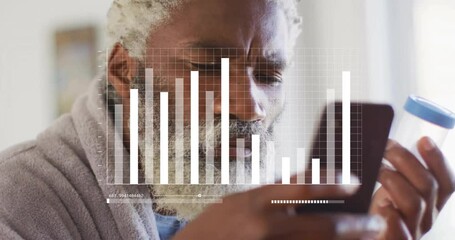 Analyzing medication bottle, elderly man reviewing data graph overlay in animation - Powered by Adobe