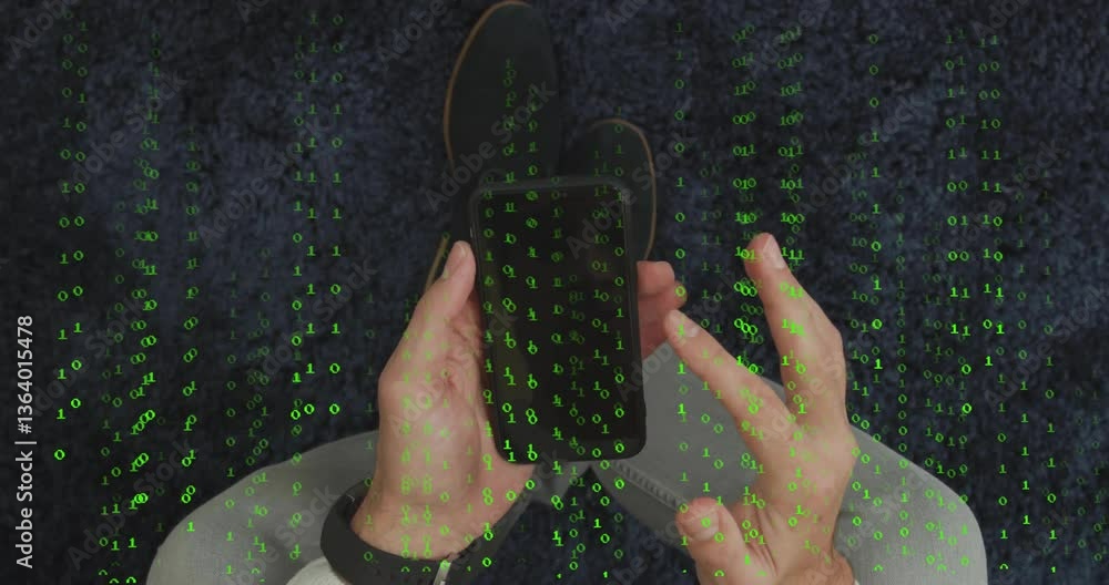 Poster holding smartphone with green binary code animation overlay in school setting