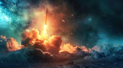 Fototapeta premium Rocket Launch Through a Starry Night Sky