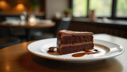 Piece of chocolate cake on white plate