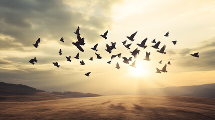 Fototapeta premium Birds soaring over a tranquil landscape with looming clouds, symbolizing global health threats and virus spread